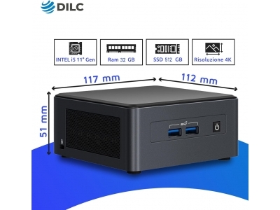 DILC, Mini Pc Nuc Silver, Intel i3 11° Generazione, Pc Fisso Windows 11 PRO, 4.10 GHz, RAM 32 GB, SSD M.2 Nvme 512 GB, Porte USB, Thunderbolt, HDMI, Gigabit LAN, Salvaspazio, 3 Anni di Garanzia