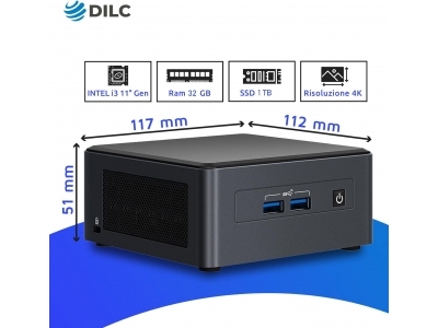 Mini Pc DILC Nuc Silver Intel 11h gen I3 1115G4 4.10 ghz Ram 32GB SSD 1TB PCI-e M.2 WiFi Bluetooth Licenza Windows 11 PRO