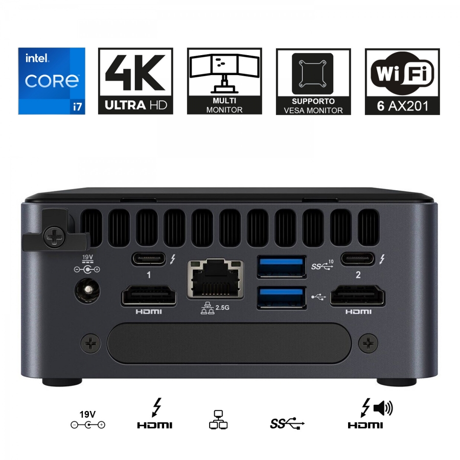 DILC, Mini Pc Nuc Platinum, Intel i7 11° Generazione, Pc Fisso Windows 11 PRO, 4.70 GHz, RAM 32 GB, SSD M.2 Nvme 512 GB, Porte USB, Thunderbolt, HDMI, Gigabit LAN, Compatto, Salvaspazio, 3 Anni di Garanzia