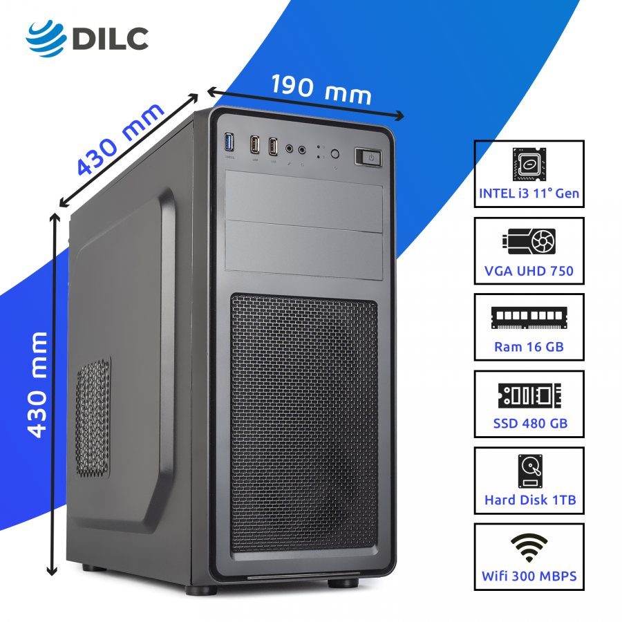 DILC, Pc Fisso DILC Business 3, Intel Core i3-12100, Pc Fisso Windows 11 PRO, 4.30 GHz, RAM 16 GB, SSD 480 GB, Hard Disk 1 TB, WiFi 300 mbps, Alimentatore 500W 80+, Pc Ufficio e Casa