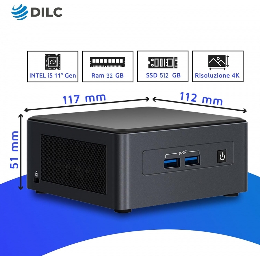 DILC, Mini Pc Nuc Silver, Intel i3 11° Generazione, Pc Fisso Windows 11 PRO, 4.10 GHz, RAM 32 GB, SSD M.2 Nvme 512 GB, Porte USB, Thunderbolt, HDMI, Gigabit LAN, Salvaspazio, 3 Anni di Garanzia