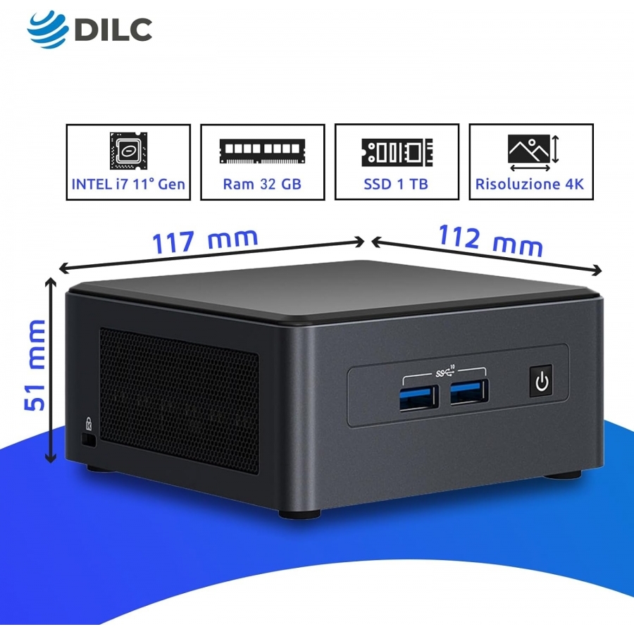 DILC, Mini Pc Nuc Platinum, Intel i7 11° Generazione, Pc Fisso Windows 11 PRO, 4.70 GHz, RAM 32 GB, SSD M.2 Nvme 1 TB, Porte USB, Thunderbolt, HDMI, Gigabit LAN, Salvaspazio, 3 Anni di Garanzia