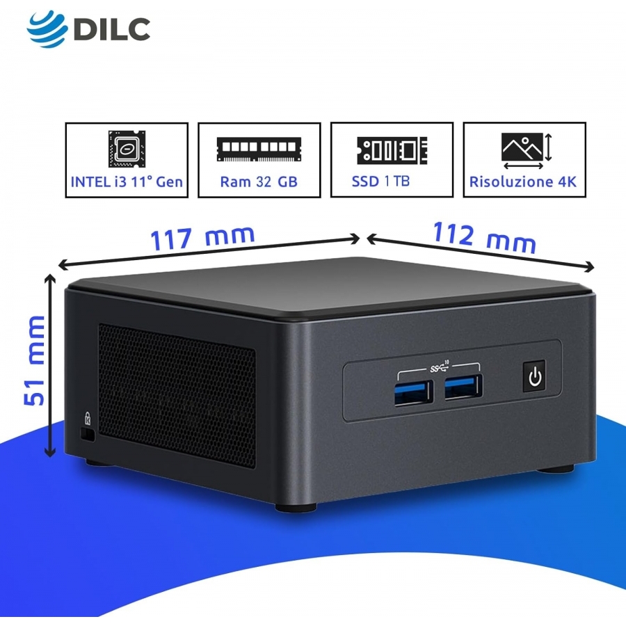 Mini Pc DILC Nuc Silver Intel 11h gen I3 1115G4 4.10 ghz Ram 32GB SSD 1TB PCI-e M.2 WiFi Bluetooth Licenza Windows 11 PRO