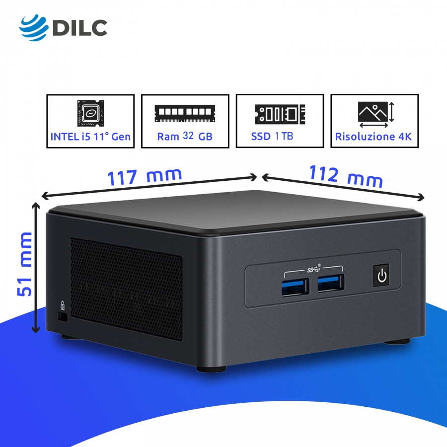 Mini Pc DILC Nuc Gold Intel 11th gen i5 4.20 ghz Ram 32gb Ssd 1 Tb PCI-e M.2 WiFi Bluetooth Licenza Windows 11 PRO